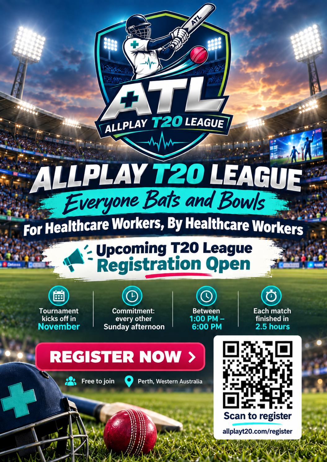 AllPlay T20 League recruitment flyer: registration open, free to join, Perth